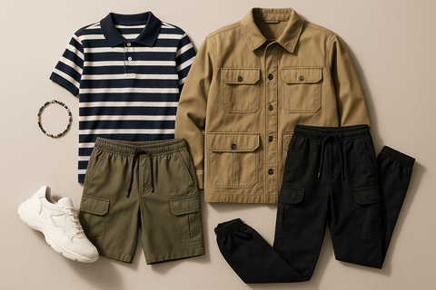 Guys go for men's trendy streetwear outfits for teens like cargo shorts or tees with prints and track pants off Nike, Hollister, Abercrombie brands that layer without fuss.
