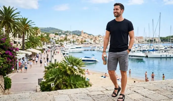 A relaxed summer outfit for men featuring a black t-shirt, grey slim cargo shorts, and comfortable sports sandals.