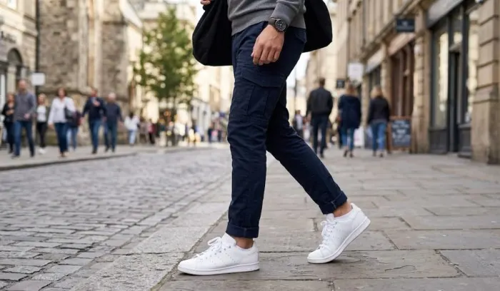 Close-up of the bottom hem of slim cargo pants rolled up once above clean white sneakers, showing a smart and clean fit.