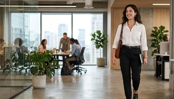 Smart casual office wear featuring black cargo pants for women with a button down shirt and loafers