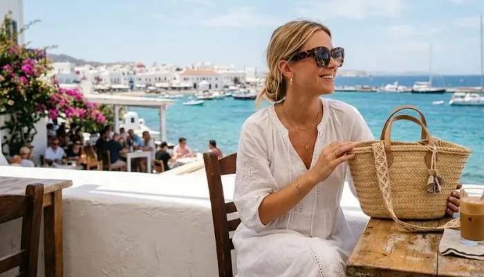 Summer fashion accessories including a straw bag and oversized sunglasses.