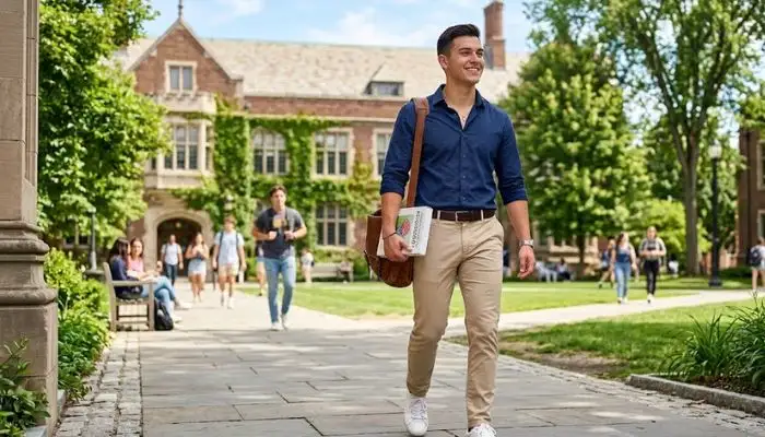 A college student dressed in a smart-casual outfit with a button-down shirt and beige chinos.