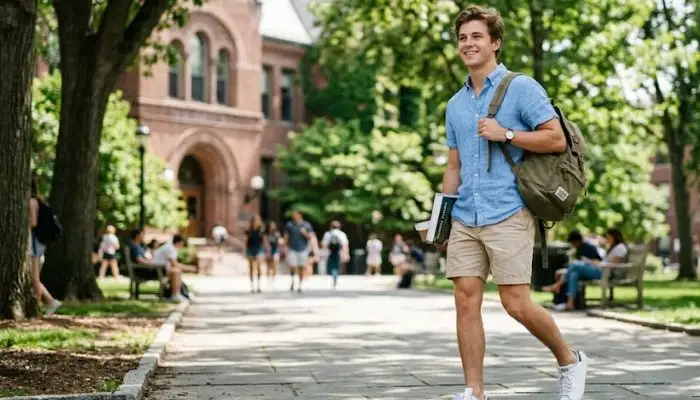 A young man wearing a light blue linen shirt with khaki shorts, perfect for summer college classes.