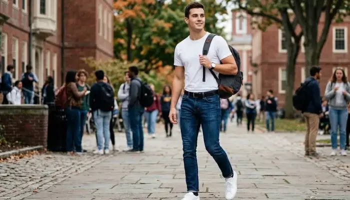 Minimalist outfit featuring a classic white t-shirt and dark blue slim-fit jeans for college.