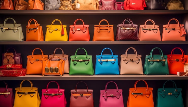 Vibrant primary-coloured handbag and animal print bag display