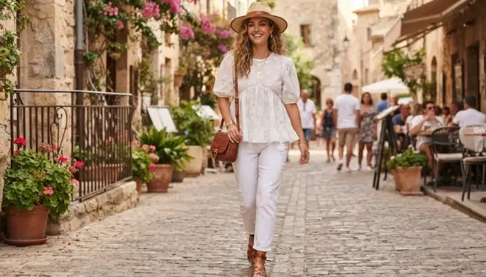 Woman wearing a romantic babydoll top paired with relaxed white jeans and brown accessories.