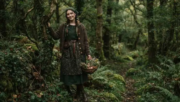 Woman posing outdoors in a dark cottagecore outfit featuring moody green and brown tones.