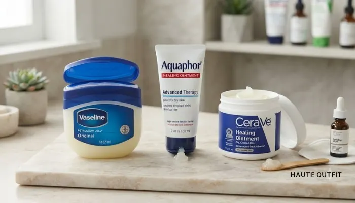 Popular skincare products for slugging including Vaseline, Aquaphor, and CeraVe healing ointments