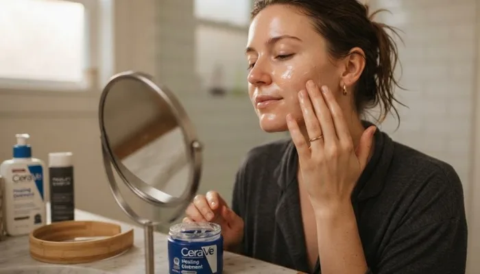 Person gently applying a thin layer of ointment onto their face for the slugging routine