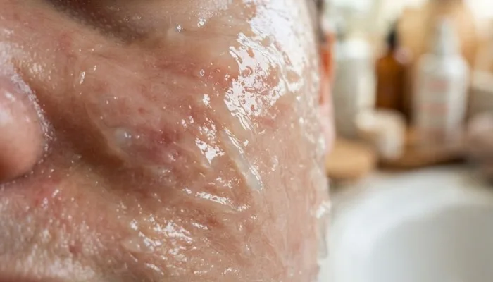 Close-up texture of petroleum jelly used for the slugging skincare trend