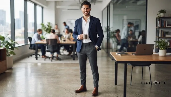 Man wearing a navy blazer, button-down shirt, tailored trousers, and brown Chelsea boots for a smart casual office look.