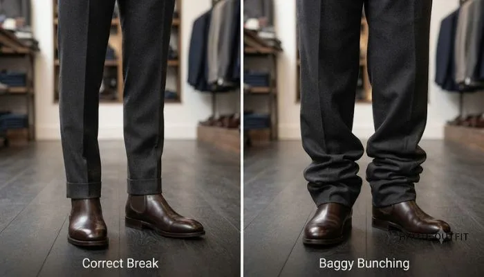 Comparison showing correct pant break sitting cleanly on a Chelsea boot versus baggy pants bunching up over the ankle.