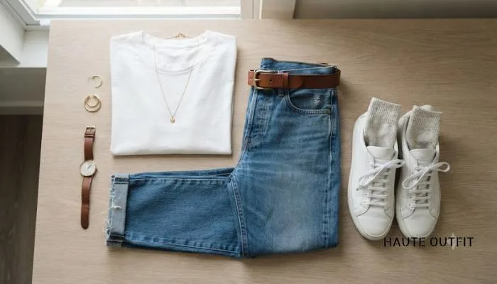 Flat lay of everyday casual women's fashion featuring a minimalist white tee, blue denim jeans, belt, and comfortable white sneakers.
