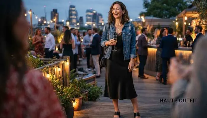 Elegant woman wearing a stylish slip dress paired with a denim jacket and heels for a casual evening party.