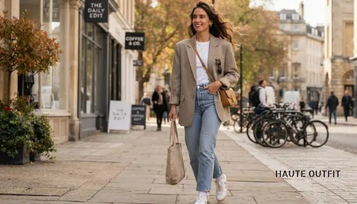 Trendy casual women's outfit featuring an oversized neutral blazer layered over a basic t-shirt and straight-leg denim.