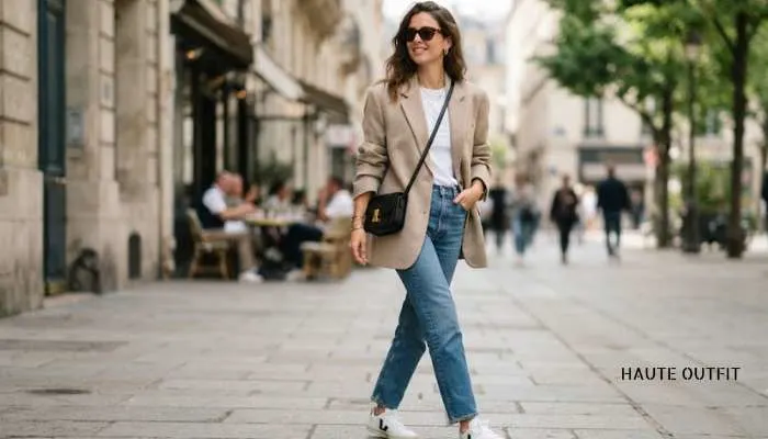 Smart casual outfit featuring an oversized blazer, white t-shirt, and straight jeans with sneakers.