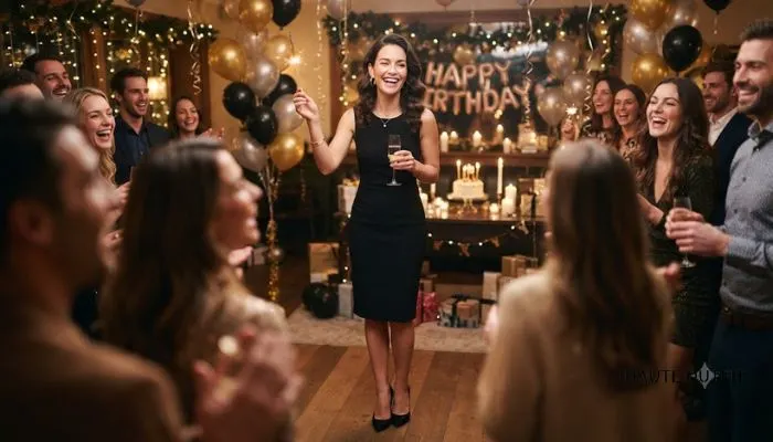 An elegant woman wearing a classic little black dress and heels for a birthday party.