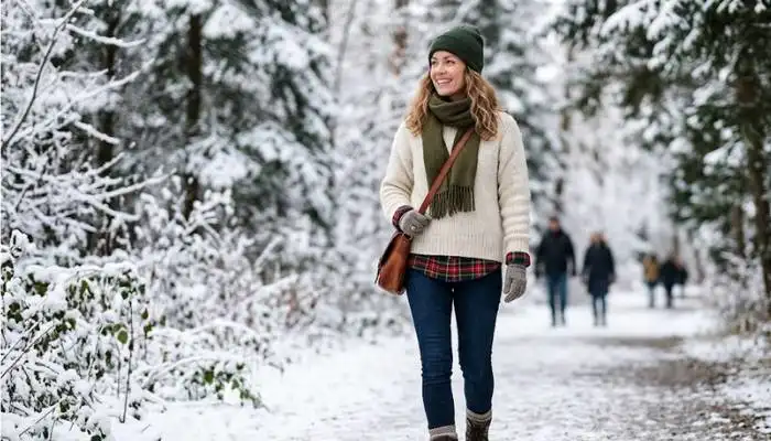 Winter fashion look showing a plaid shirt layered underneath a cozy neutral sweater with boots.
