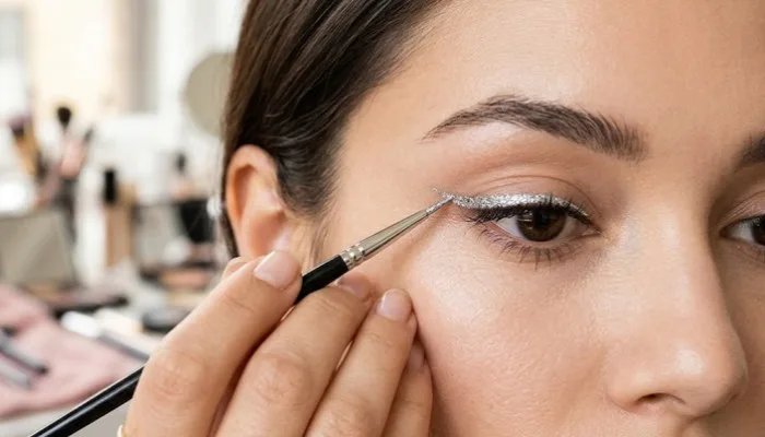 Precise upper lash line application using a liquid silver glitter eyeliner brush