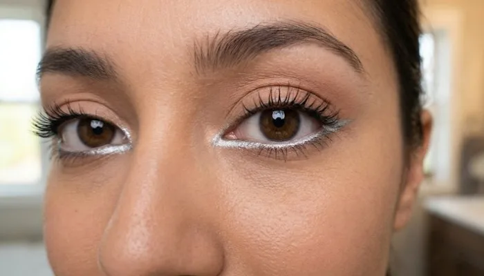 Simple silver eyeliner application on the inner corner and lower lash line for an awake eye look